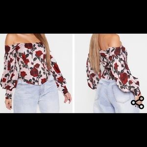 Chic Red roses corset blouse with balloon sleeves.